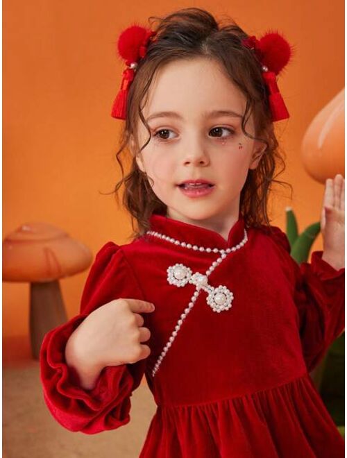 ASKJUNIOR Toddler Girls' Velvet Cheongsam Dress With Imitated Pearls Button And Sparkling Detail