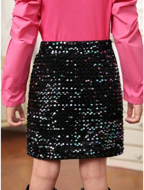 SHEIN Young Girl 1pc Sequin Straight Skirt