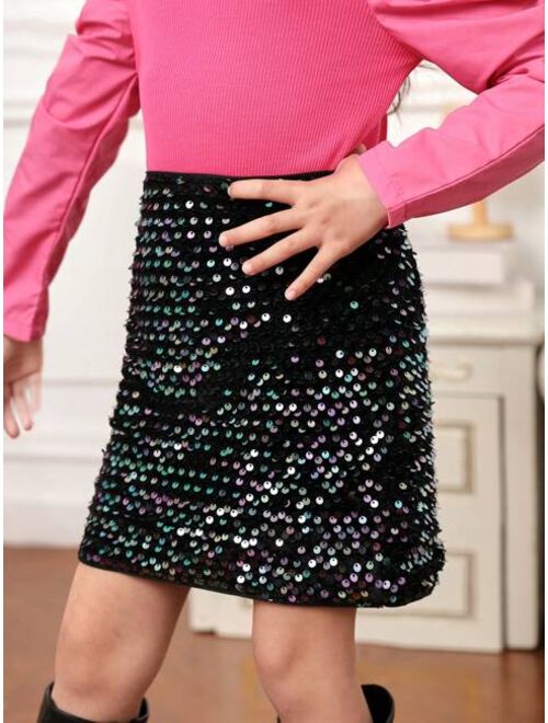 SHEIN Young Girl 1pc Sequin Straight Skirt