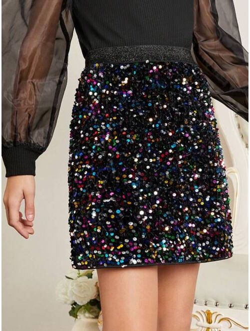 SHEIN Kids CHARMNG Older Girl's Woven Sequined Fitted Skirt