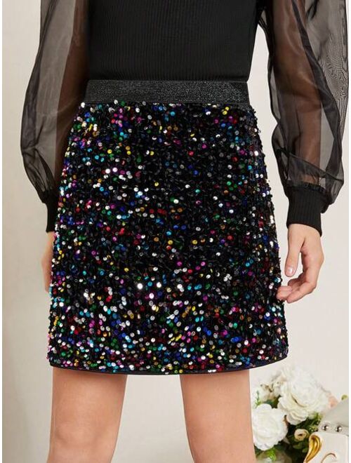 SHEIN Kids CHARMNG Older Girl's Woven Sequined Fitted Skirt