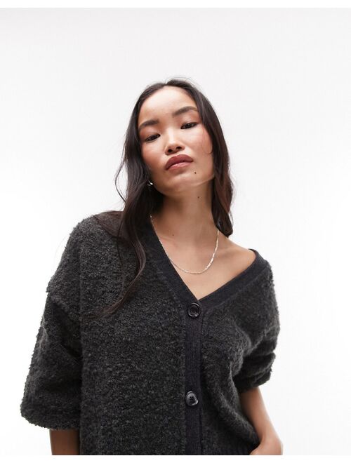 Topshop knitboucle contrast ribbed cardigan in charcoal