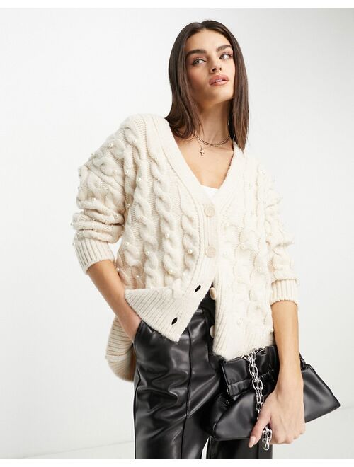 Mango chunky knit cardigan with faux pearls in cream