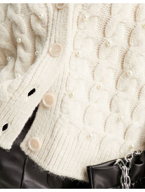 Mango chunky knit cardigan with faux pearls in cream