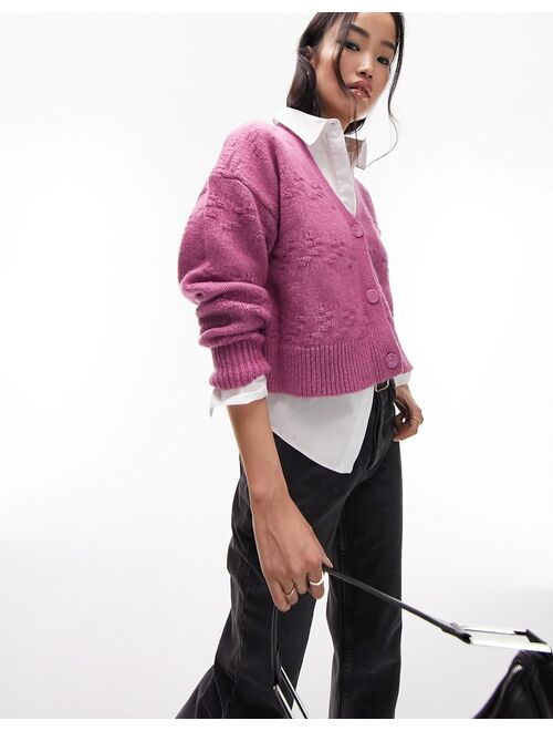 Topshop knitted textured basket weave cardigan in bright pink