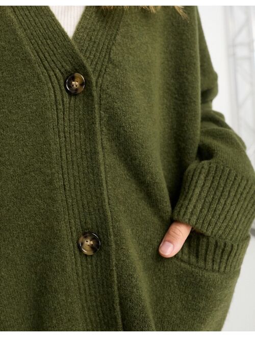 Monki knit button front cardigan in khaki green