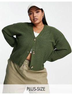 Brave Soul Plus daisy fisherman knit cardigan in forest green