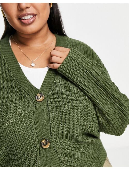 Brave Soul Plus daisy fisherman knit cardigan in forest green