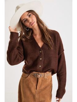 Cozy Ease Heather Brown Button-Up Cropped Cardigan Sweater