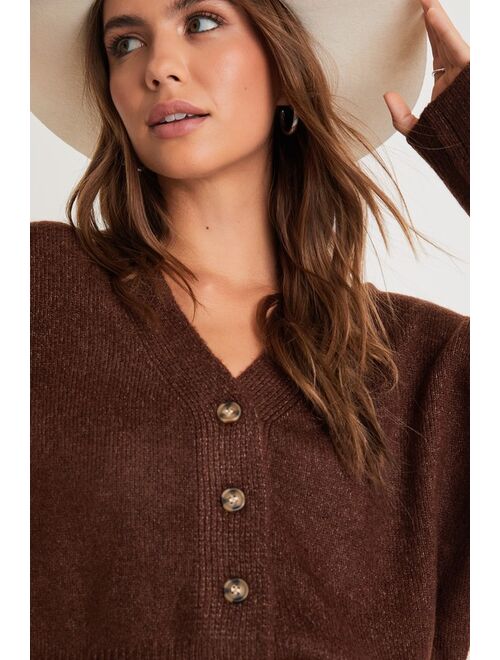 Lulus Cozy Ease Heather Brown Button-Up Cropped Cardigan Sweater