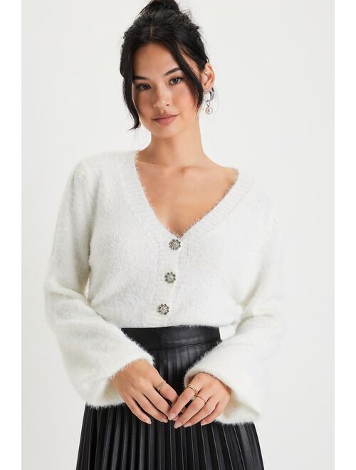 Lulus Dashing Darling Ivory Eyelash Knit Rhinestone Cardigan Sweater