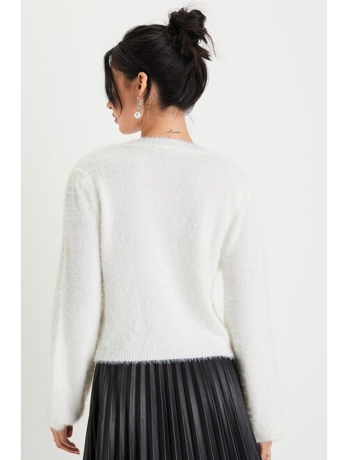 Lulus Dashing Darling Ivory Eyelash Knit Rhinestone Cardigan Sweater