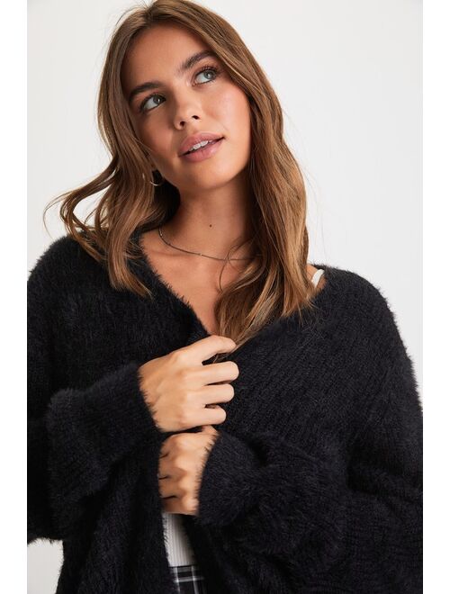 Lulus Completely Cozy Black Eyelash Knit Cardigan Sweater