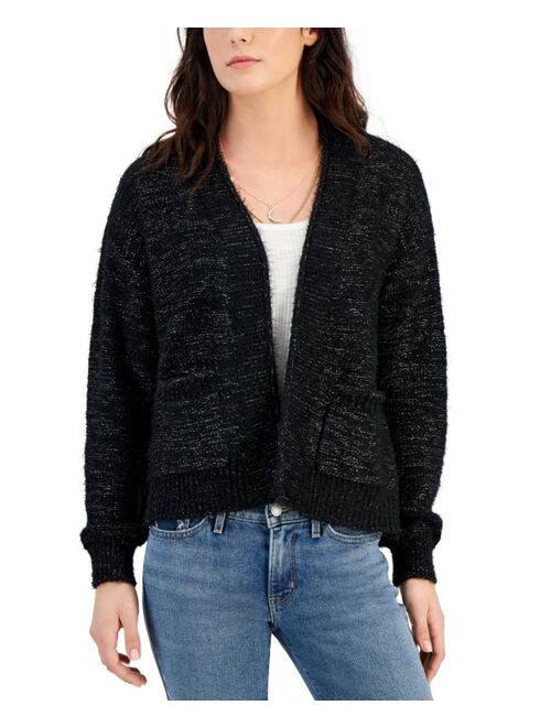 Hooked Up by IOT Juniors' Open-Front Lurex Eyelash-Knit Cardigan