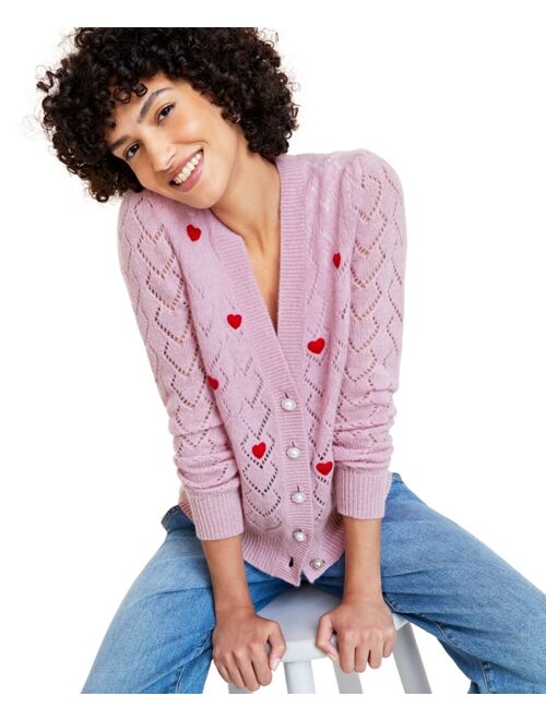 Charter Club Women's 100% Cashmere Heart Pointelle Button Cardigan, Created for Macy's