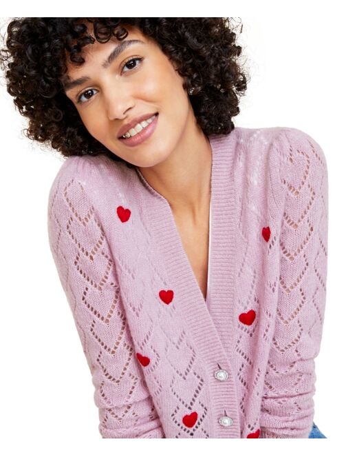 Charter Club Women's 100% Cashmere Heart Pointelle Button Cardigan, Created for Macy's