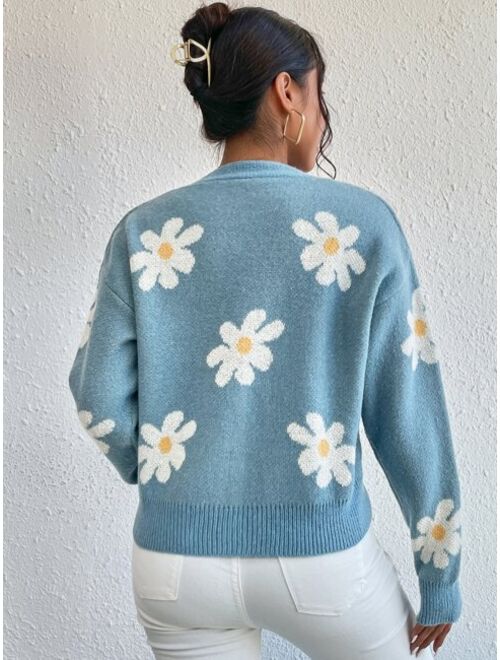 SHEIN Qutie Floral Pattern Drop Shoulder Cardigan