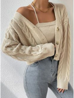 Drop Shoulder Cable Knit Cardigan Crop Knit Top
