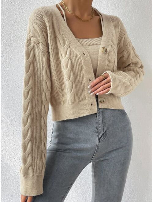 Drop Shoulder Cable Knit Cardigan Crop Knit Top