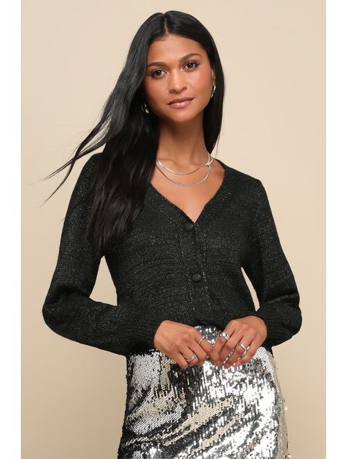 Lulus Cozy Glow Black and Silver Lurex Cropped Cardigan Sweater