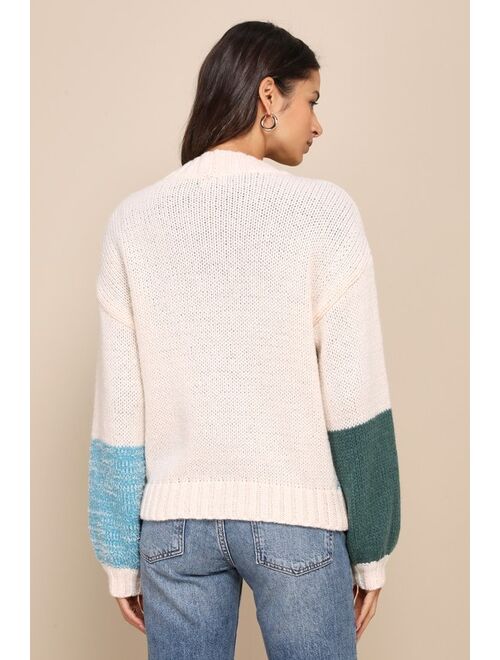 Lulus Adorably Warm Ivory Color Block Balloon Sleeve Cardigan Sweater