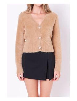 Women's Feathered Plush Heart Buttoned Cardigan
