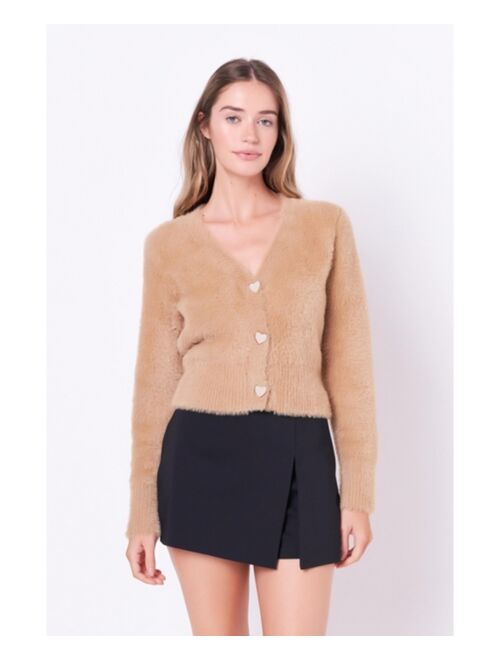 English Factory Women's Feathered Plush Heart Buttoned Cardigan
