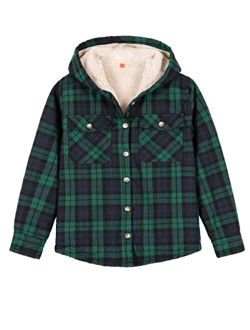 ZENTHACE Girls Hooded Plaid Flannel Shirt Jacket with Hand Pockets,Sherpa Lined Button Down Flannel Shacket Jacket