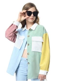 Mebius Girls Shacket Jacket Long Sleeve Plaid/Corduroy Color Block Button Down Casual Collared Shirt with Pocket