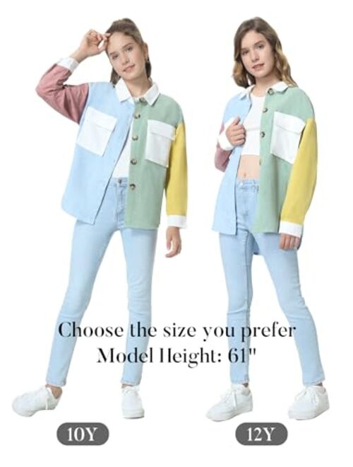 Mebius Girls Shacket Jacket Long Sleeve Plaid/Corduroy Color Block Button Down Casual Collared Shirt with Pocket