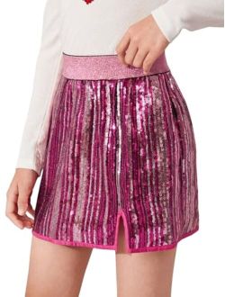 OYOANGLE Girl's Sequin Sparkly Elastic Waist Split Straight Hem Mini Skirt Cute Skirts