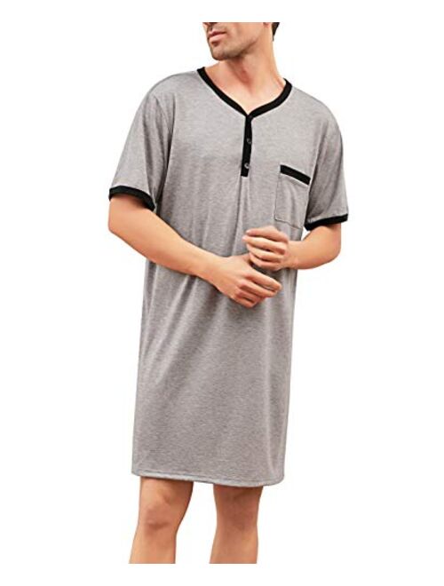 Enjoyoself Men's Nightshirt Nightwear Comfort Cotton Sleep Shirt Henley Short Sleeve Lounge Sleepwear