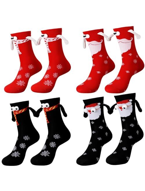 DragonflyDreams 4 Pairs Christmas Holding Hands Socks, Couple Magnetic Hand Socks, Funny Magnetic Suction 3D Doll Socks, Unisex Mid-Tube Socks, Cute Socks adult for Chris