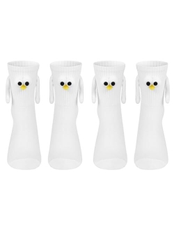 Thaisu 2Pairs Holding Hands Socks,3D Mid-tube Cute Socks,Couple Magnetic Hand Socks,Big Eye Socks for Couples Friends Sisters