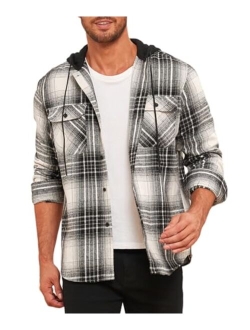 Deer Lady 2023 Flannel Hoodies for Men Casual Button Down Flannel Shirts Long Sleeve Lightweight Hooded Jackets Shirts