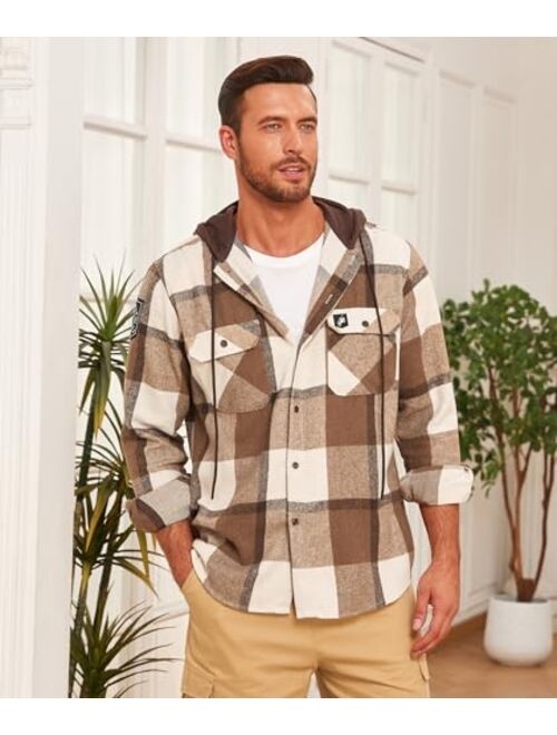 Deer Lady 2023 Flannel Hoodies for Men Casual Button Down Flannel Shirts Long Sleeve Lightweight Hooded Jackets Shirts