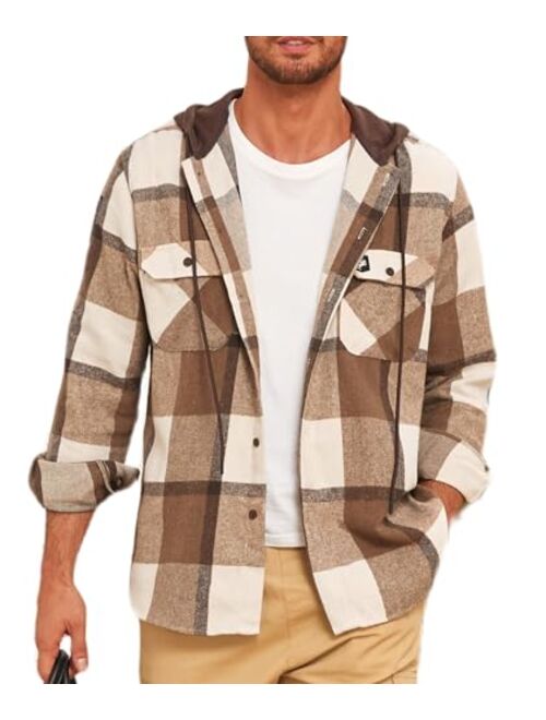 Deer Lady 2023 Flannel Hoodies for Men Casual Button Down Flannel Shirts Long Sleeve Lightweight Hooded Jackets Shirts