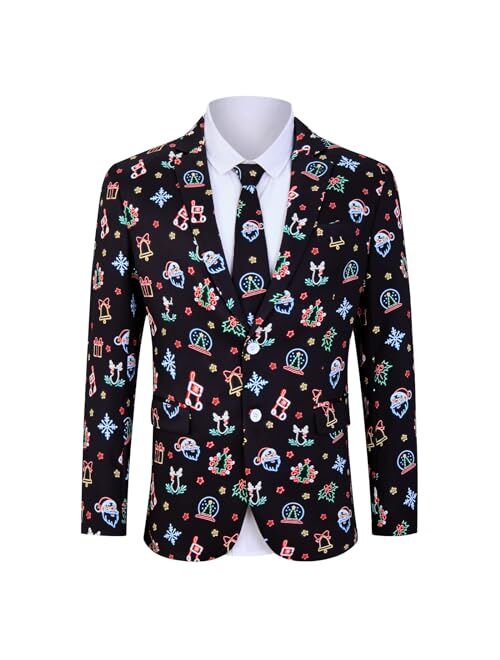 uideazone Men's Christmas Blazer Suit 3D Printed Tuxedo Jacket Xmas Party Sports Coat with Tie for Dinner,Prom,Wedding