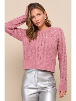 Posh Favorite Mauve Pink Pearl Cable Knit Pullover Sweater