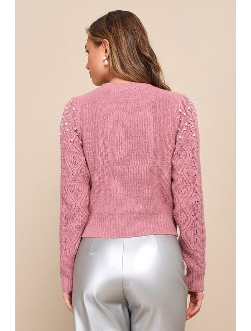 Lulus Posh Favorite Mauve Pink Pearl Cable Knit Pullover Sweater