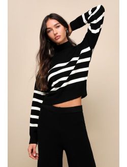 Effortlessly Charming Black Striped Mock Neck Sweater Top