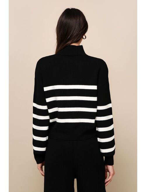 Lulus Effortlessly Charming Black Striped Mock Neck Sweater Top