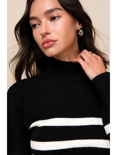 Lulus Effortlessly Charming Black Striped Mock Neck Sweater Top