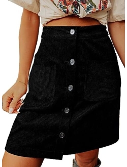 Happy Sailed Womens Corduroy Skirts Fall Winter High Waist Button Down A-line Short Mini Skirt with Pockets
