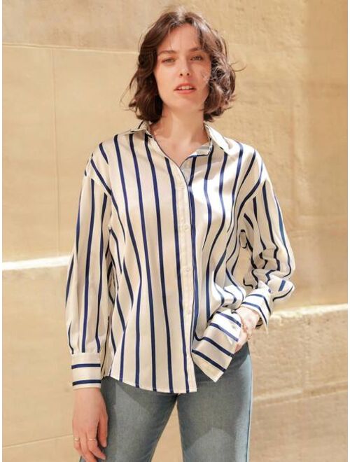 SHEIN Frenchy Striped Print Drop Shoulder Satin Shirt