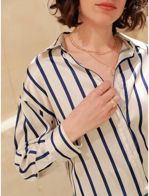 SHEIN Frenchy Striped Print Drop Shoulder Satin Shirt