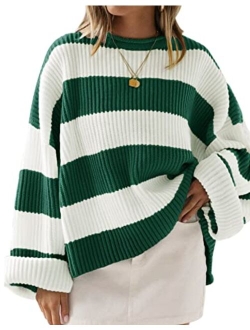 Women's 2023 Fall Long Sleeve Crew Neck Striped Color Block Comfy Loose Oversized Knitted Pullover Sweater