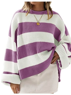 Women's 2023 Fall Long Sleeve Crew Neck Striped Color Block Comfy Loose Oversized Knitted Pullover Sweater