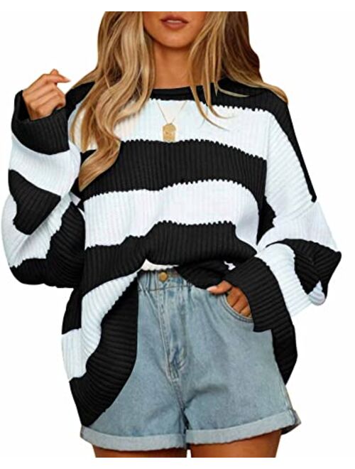 ZESICA Women's 2023 Fall Long Sleeve Crew Neck Striped Color Block Comfy Loose Oversized Knitted Pullover Sweater