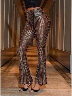 Shein Apperloth A Rave Vintage High Waist Sequin Sparkly See-Through Mesh Glitter Flared Leg Long Club Pants
